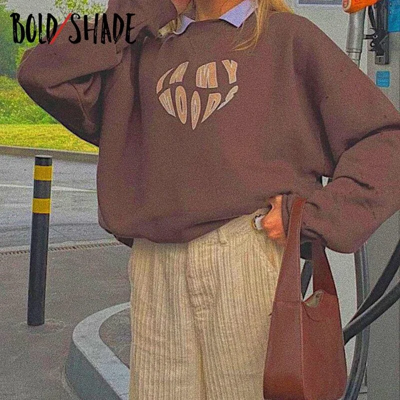 Bold Shade Heart Printed Brown Hoodies Fairy Grunge 90s Style Streetwear Loose Sweatshirts Women Indie Vintage Fashion Y2K Tops