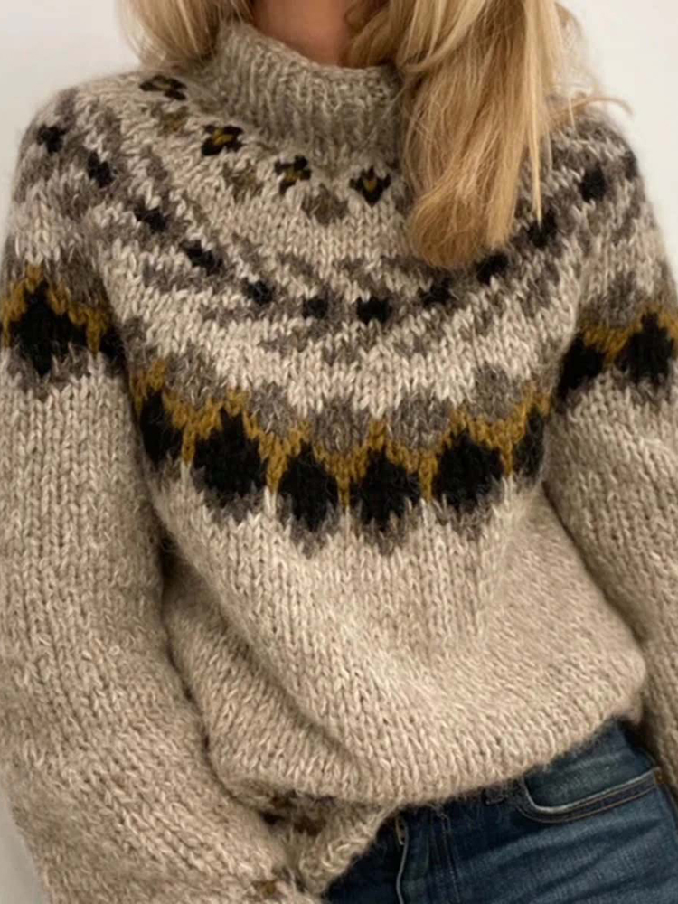 Comstylish Vintage Geometric Contrast Jacquard Mid Neck Sweater