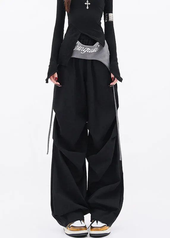 Casual Black Pockets Wrinkled Cotton Wide Leg Pants Fall