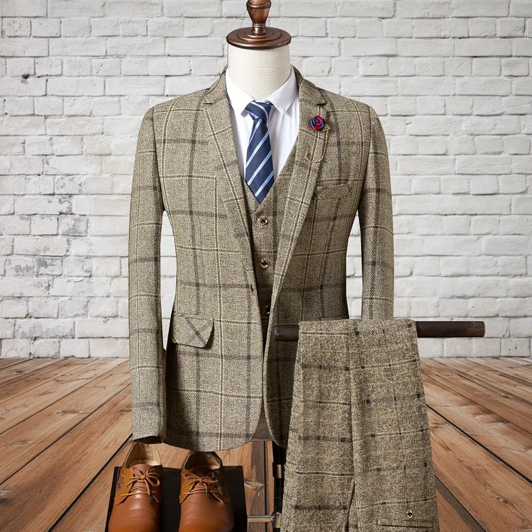 Men's Business Plaid Lapel Blazer & Vest & Pants 3Pcs Set