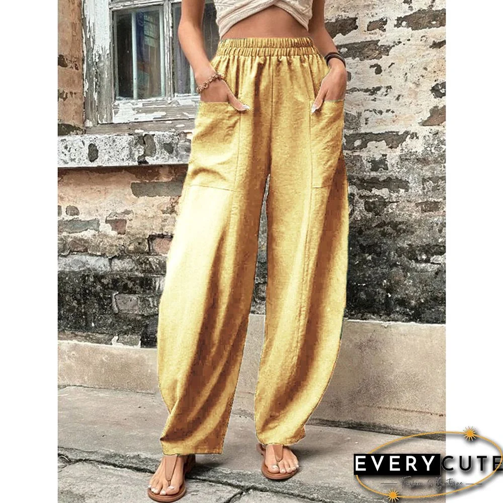 Light Yellow Solid Elastic Waist Pocket Casual Pants