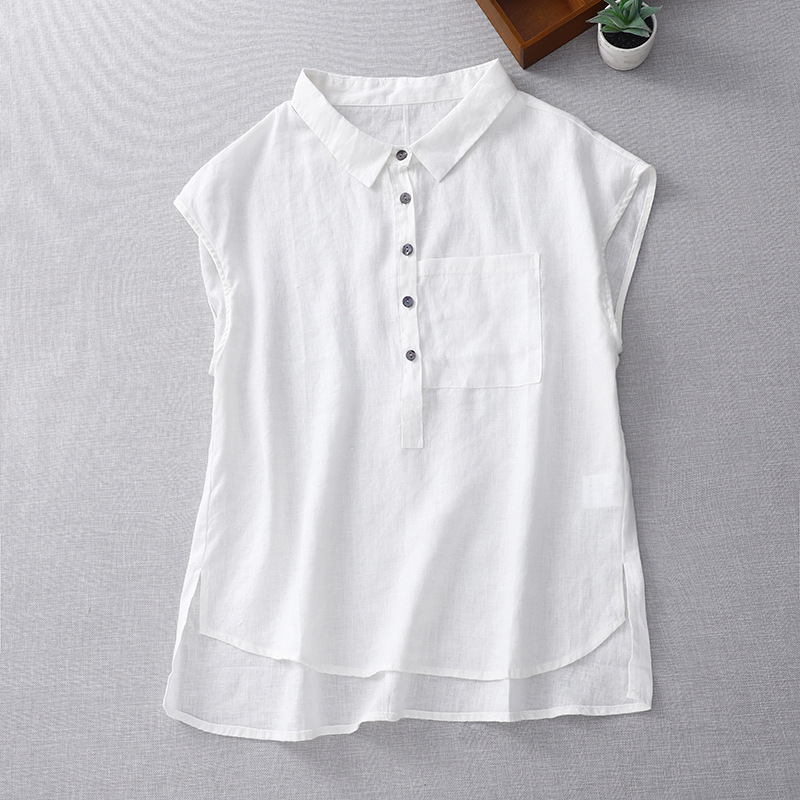 Mori Lapel Collar Drop Shoulder Sleeveless Cotton Linen Shirt