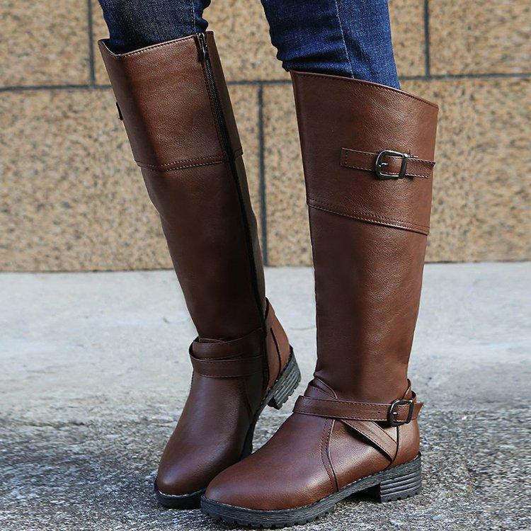 Women's wide calf knee high boots buckle strap riding boots