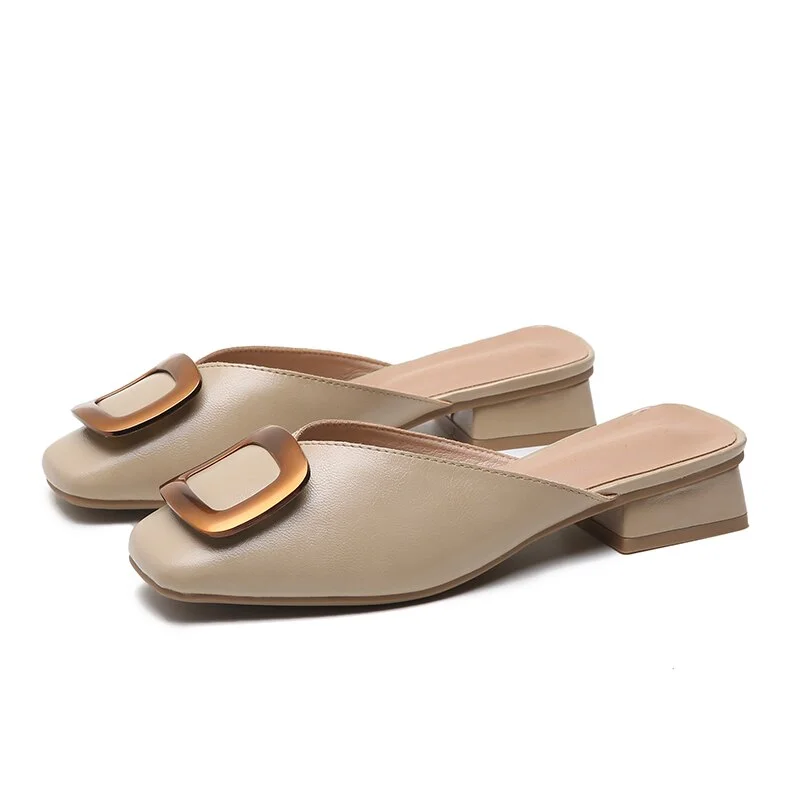 Ladies Mules Elegant Low Heel Buckle Women Slippers Slip-on Comfortable PU Ladies Office Shoes Summer Women Slippers