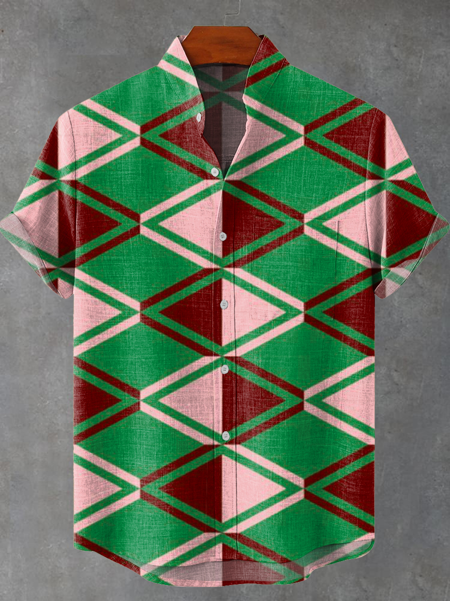 Vintage Abstract Two Color Diamond Geometric Stripe Art Print Casual 100% Cotton Shirt