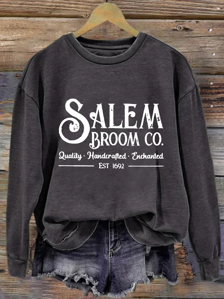 Comstylish Women's Salem Broom Co Quality Handcrafted Enchanted Est 1692 Printed Round Neck Long Sleeve Sweatshirt