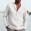 Men's Shirt Linen Shirt Maroon Shirt Solid Color V Neck White Black Gray Wine Army Green Long Sleeve Daily Vacation Tee by Inlyline