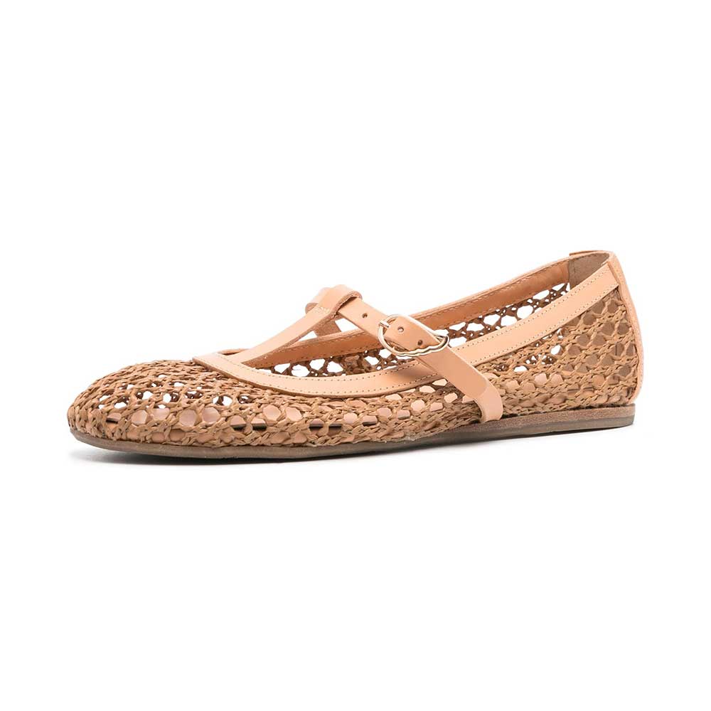 Nude Vegan Leather Round Toe Flat T-Strap Woven Ballet Shoes Nicepairs