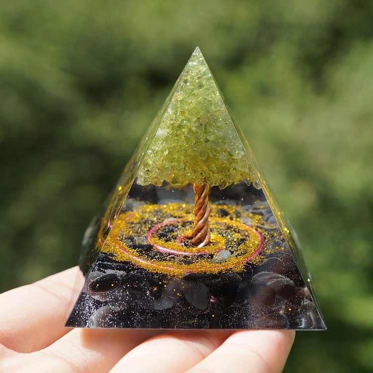 Peridot With Obsidian Tree Of Life Orgone Pyramid