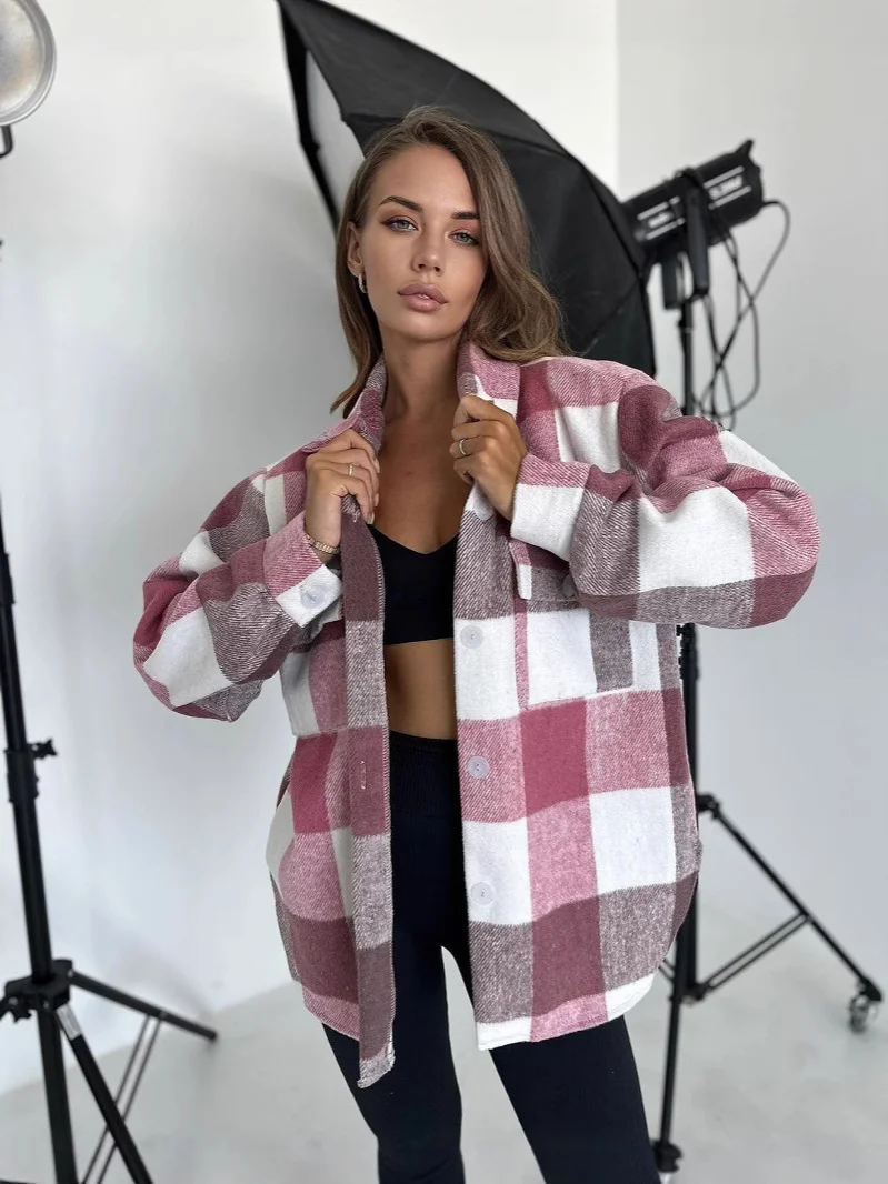 Nigikala Nigikala New Casual Long-Sleeved Open Shirt Plaid Shirt For Women