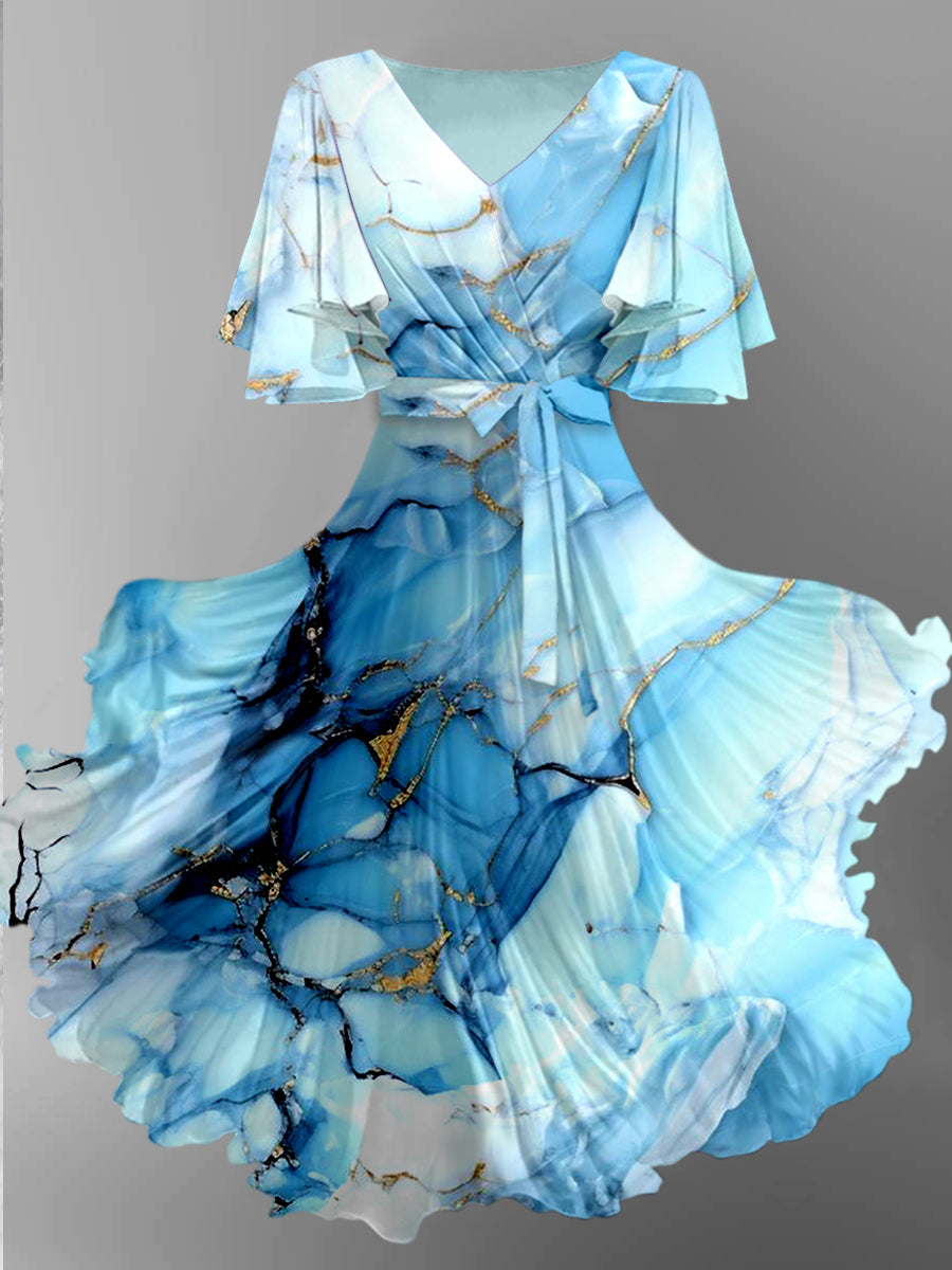 Abstract Color Print Chic V-Neck Short Sleeve Vintage Midi Dress