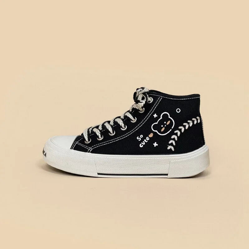 Chunky Sole Cute Bear High Top Canvas Shoes - Women's