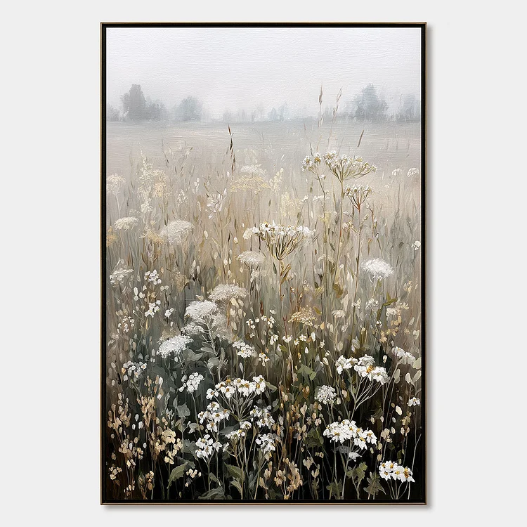MISTY MEADOW: Ethereal Wildflower Field Landscape Painting（Canvas painting）