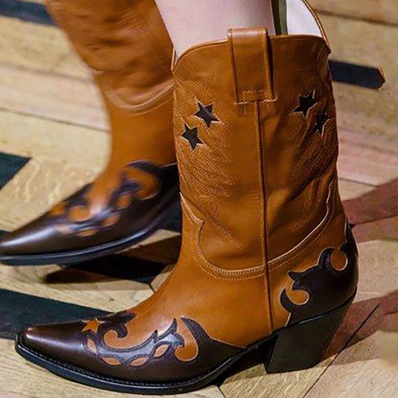 VCSHOES Patchwork Embroider Runway Boots Women Pointed Toe Chunky Heel Western Cowboy Ankle Booties Botas Mujer 42