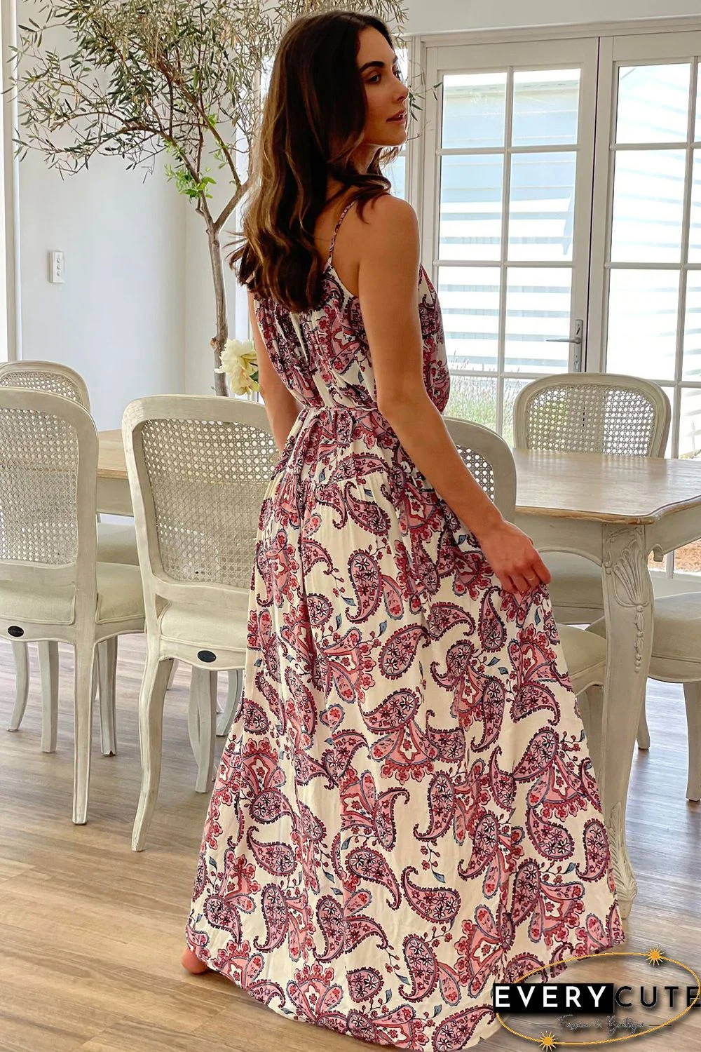 White Boho Paisley Print Spaghetti Straps Maxi Dress