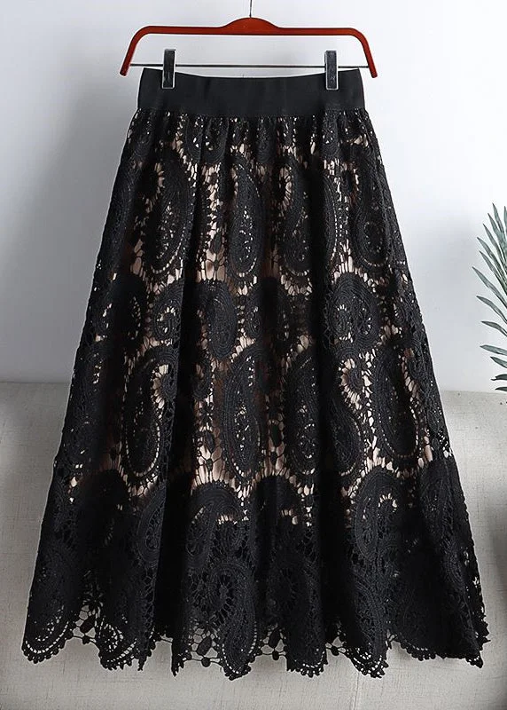 Women Black Hollow Out Elastic Waist Lace Skirts Spring