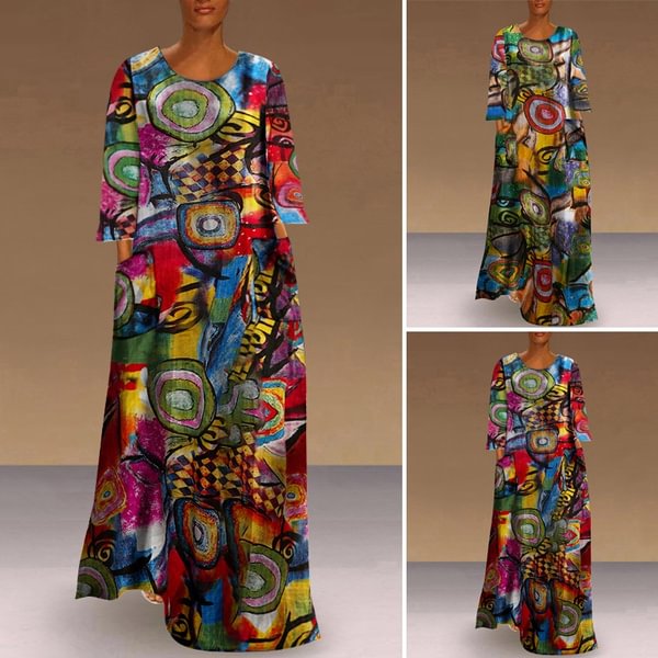 Women Long Sleeve O Neck Floral Print Casual Loose Maxi Dress Plus Size Spring Autumn Elegant Kaftan Dresses - Chicaggo