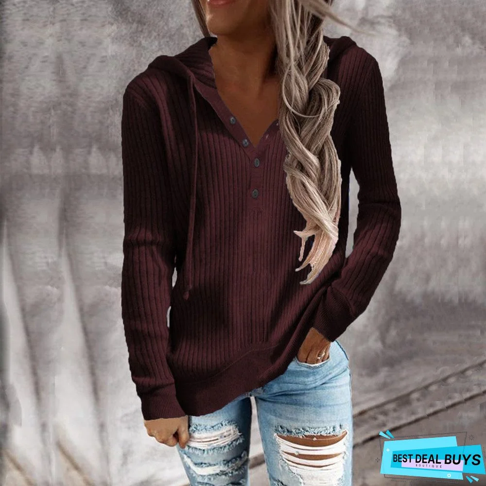 Striped Casual Hoodie Loose Open Neck Long Sleeve Sweater
