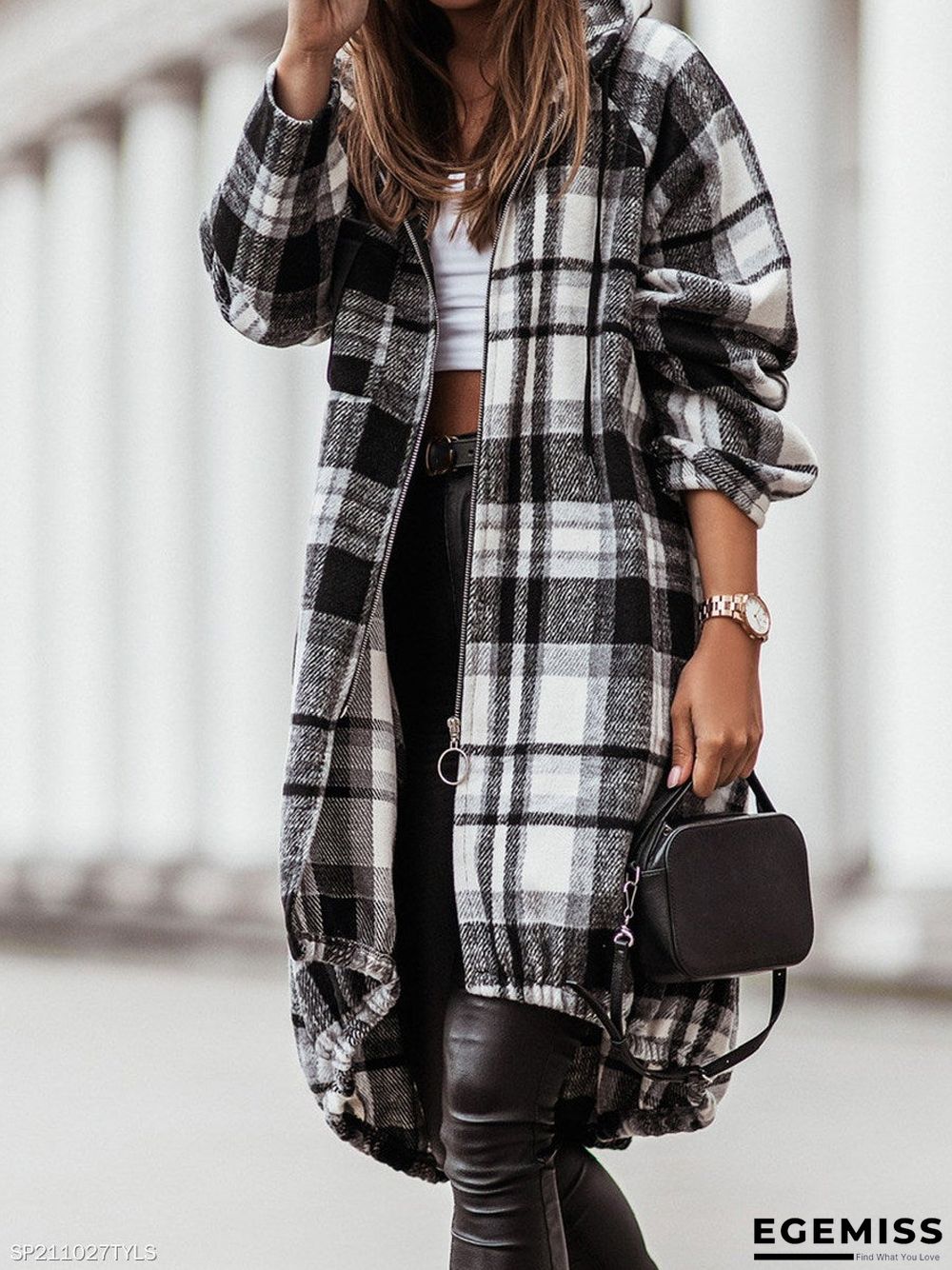 Casual Plaid Zip Long Sleeve Hooded Outerwear | EGEMISS