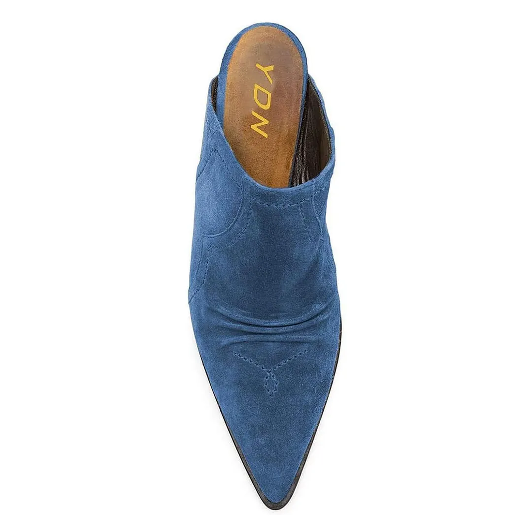 YDN Women's Blue Vegan Suede Pointed Toe Slip-On Mule Heels