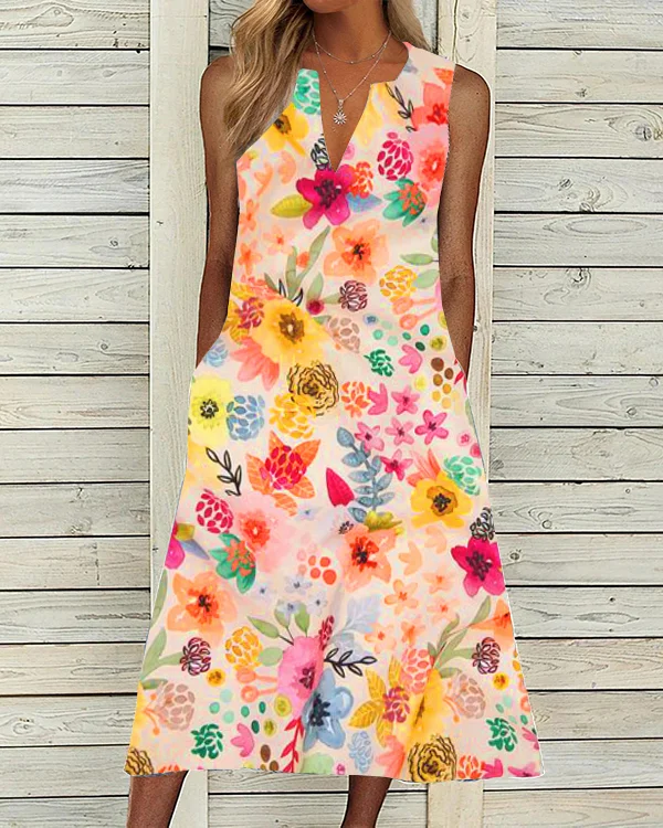 Elegant V-Neck Sleeveless Marble Mandala Floral Print Dress