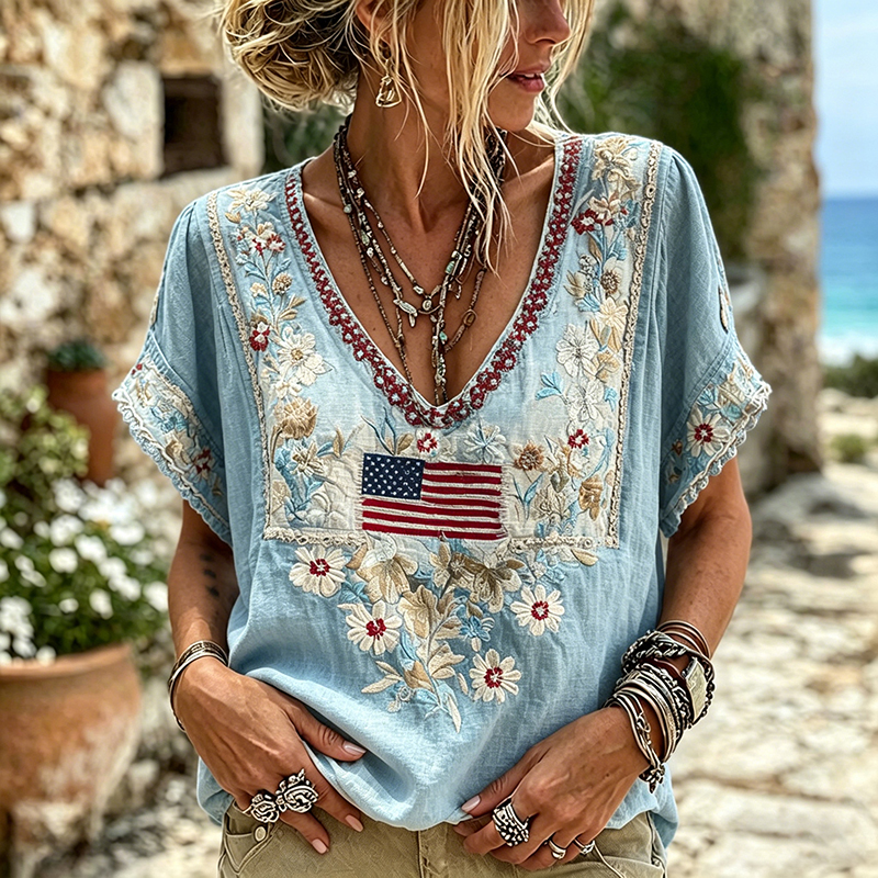  Women's Independence Day Flag Floral Boho Art Cotton Linen V Neck T-shirt Westsshops