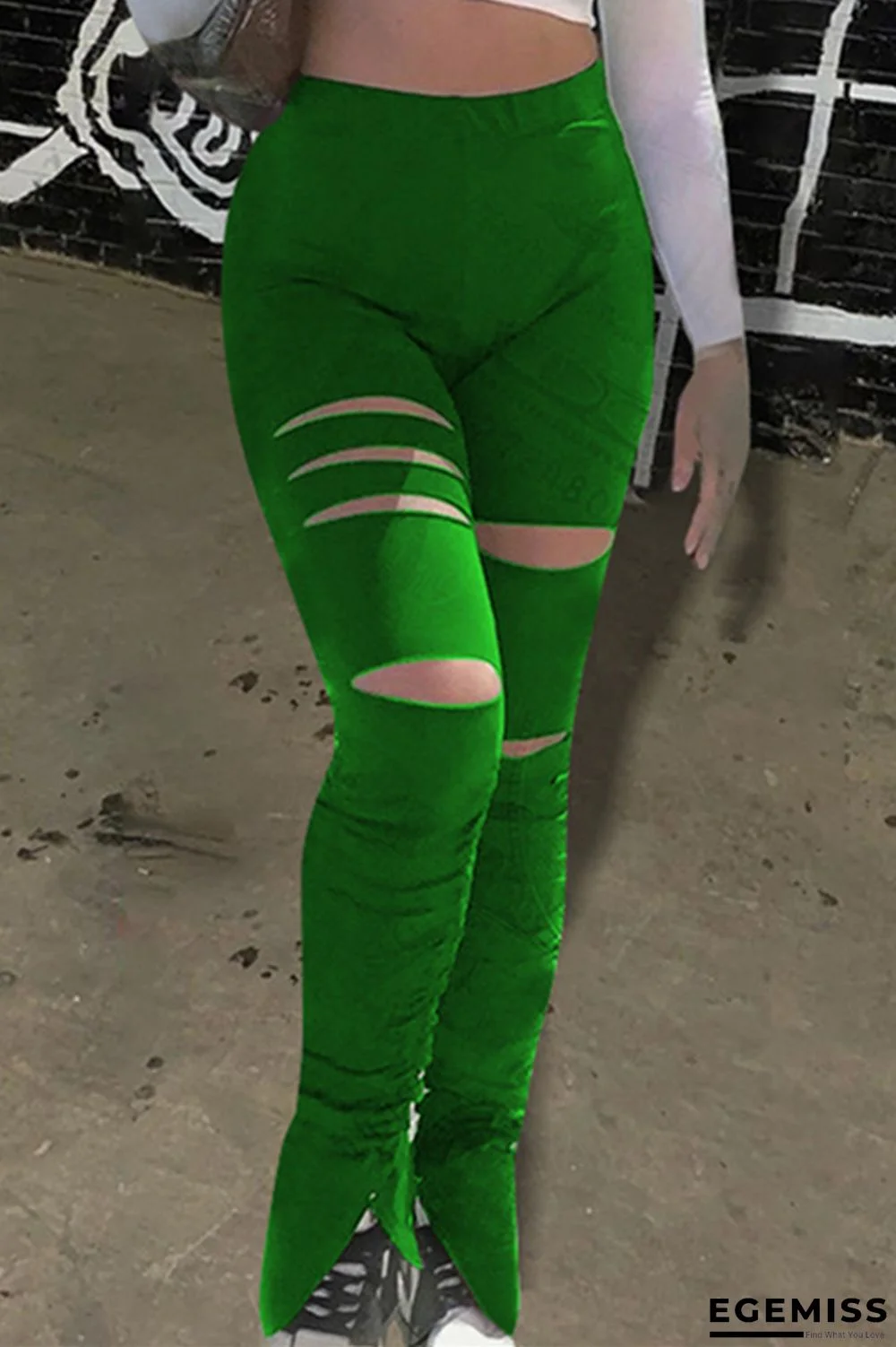 Green Fashion Casual Solid Ripped Slit Regular High Waist Trousers | EGEMISS