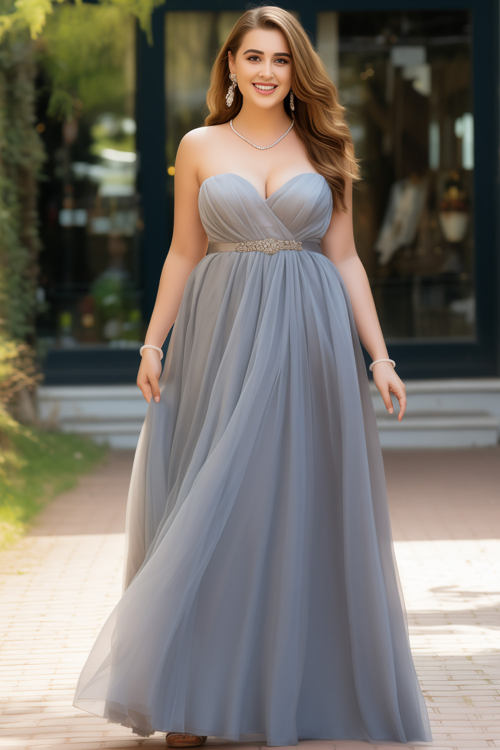 Flycurvy Plus Size Wedding Guest Gray Mesh Strapless Empire Waist Maxi Dress