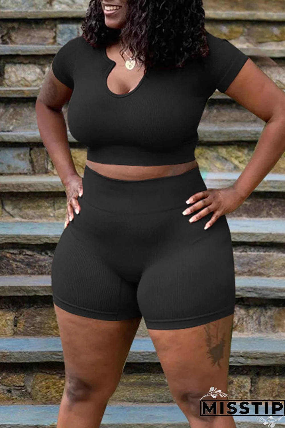 Black Casual Solid Patchwork V Neck Plus Size Two Pieces
