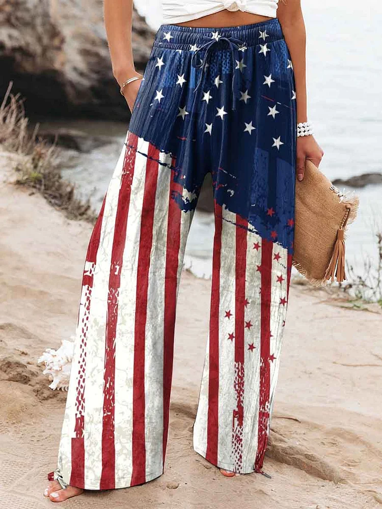 Women's Independence Day Flag Brushstroke Element Print Cotton And Linen Casual Pants