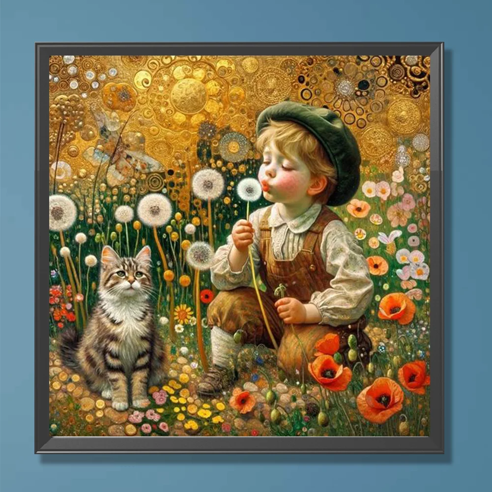 Full Round Diamond Painting 30*30cm - Child, Kitten And Dandelions