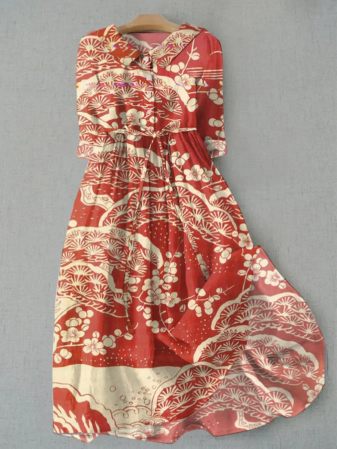 Japanese Sakura Art Print Casual Tie Dress