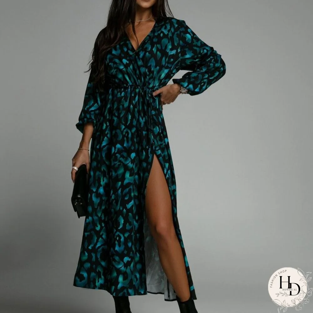 New Autumn Women Fashion Long Sleeve V Neck Long Dress Elegant Loose Slit Dress Ladies Commute Printed Waist A-Line Dresses