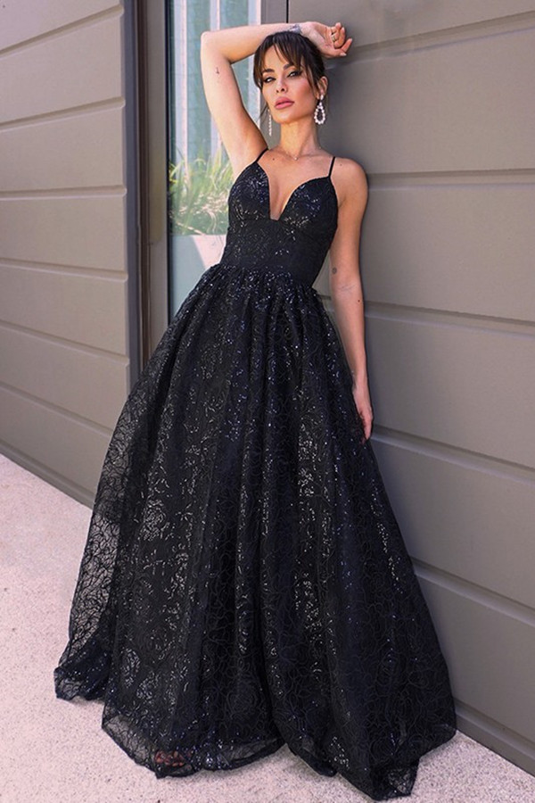 Bellasprom Black Spaghetti-Straps Prom Dress Long Sequins V-Neck Bellasprom