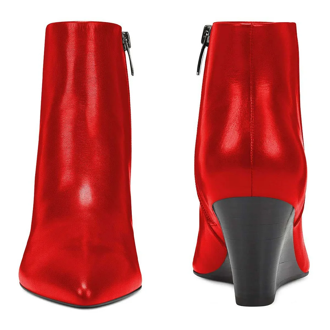 Fashion Red Closed Pointed Toe Side Zipper Wedge Heel Booties