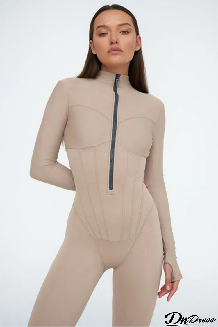 Solid Color Zipper-Front Bodycon Jumpsuits