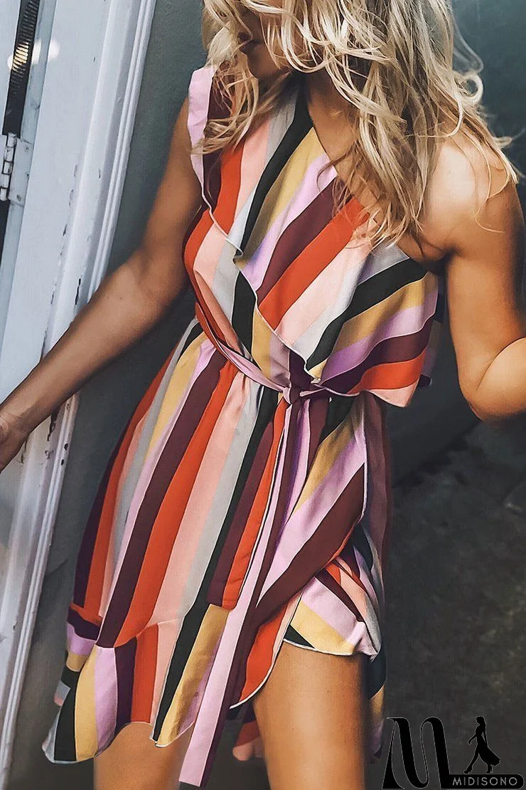 Stripe One Shoulder Ruffles Mini Dress