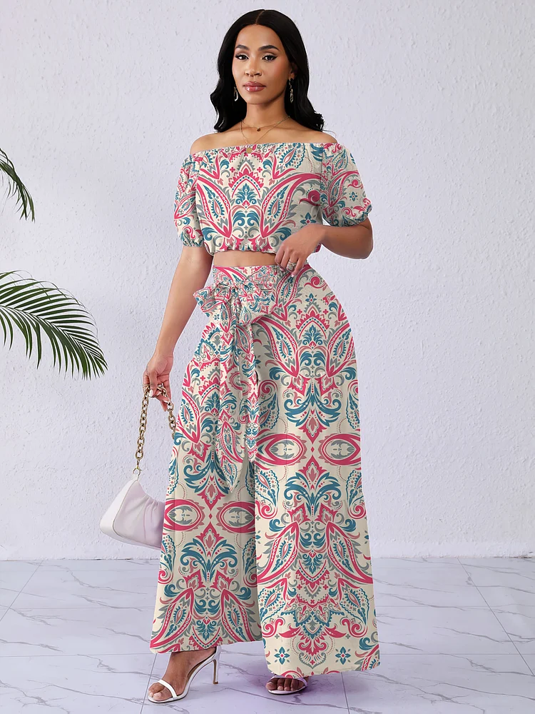 Women's Elegant Floral Print Wide-Leg Pantsuit With Shirred Waist - Beige, Polyester, Vacation Style, All-Season Wear, Floral Print Blouse, Vacation Attire | Floral Print Top | Polyester Fabri