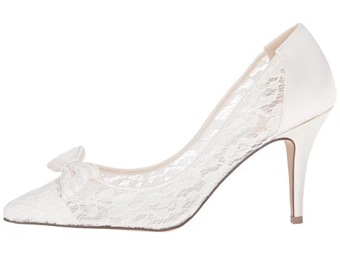 White Lace Bridal Heels with Pointy Toe and Bow for Wedding Vdcoo