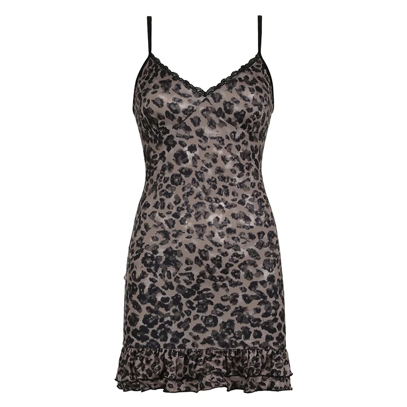 Ueong Sexy Girls Sexy Leopard Halter Skirt Lace Splicing V-Collar Buttocks Bottom Skirt Lotus Leaf Pendulum Dress