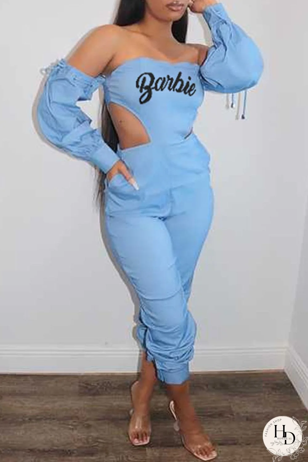Light Blue Casual Print Pants Bateau Neck Jumpsuits