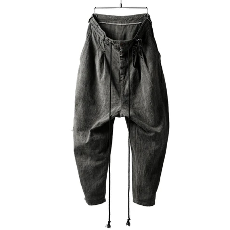 Men's Vintage Light Grey Cotton and Linen Drawstring Pants
