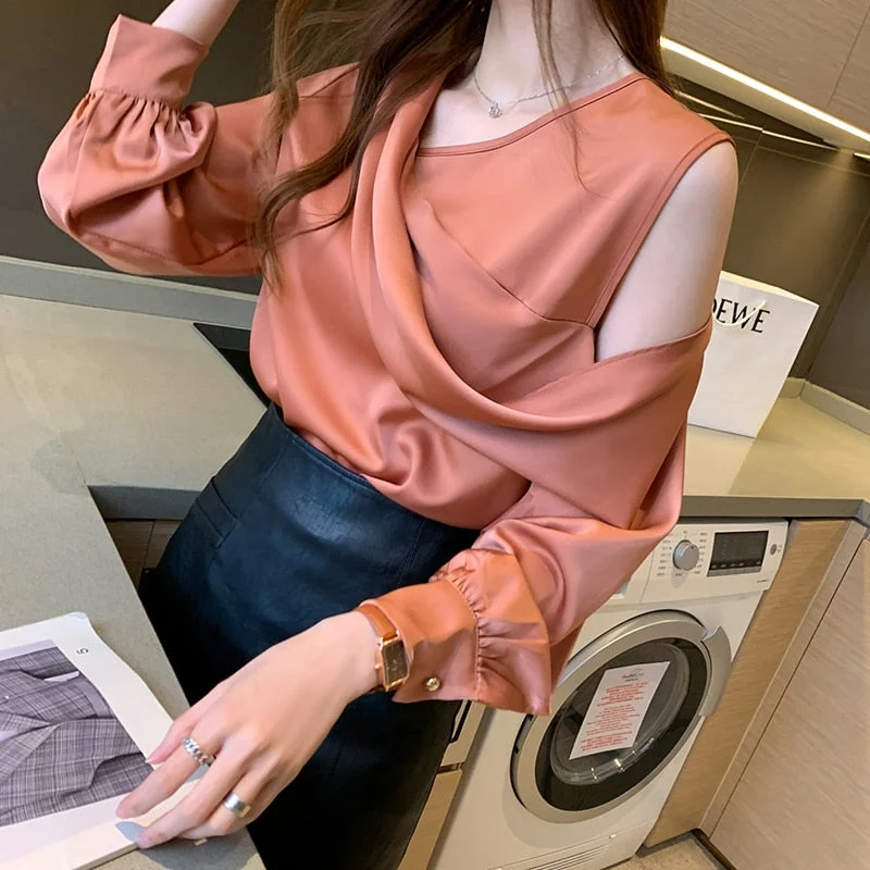 Spring Autumn Elegant Satin Blouse Women Off-Shoulder Long Sleeve V-Neck Slim Chiffon Blouse Solid OL Tops Chemisier Femme 11202