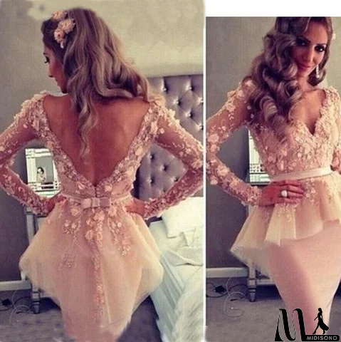 MidiSono - SLIM EMBROIDERED LONG-SLEEVED FLOUNCING DRESS
