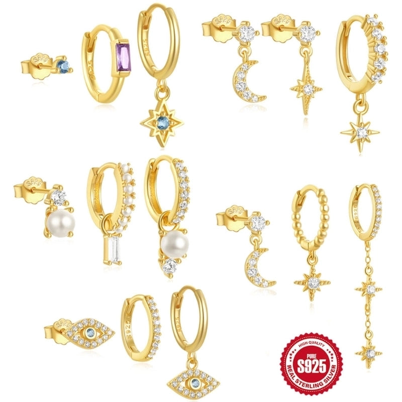 3 Pieces 925 Sterling Silver Zircon Geometric Earrings