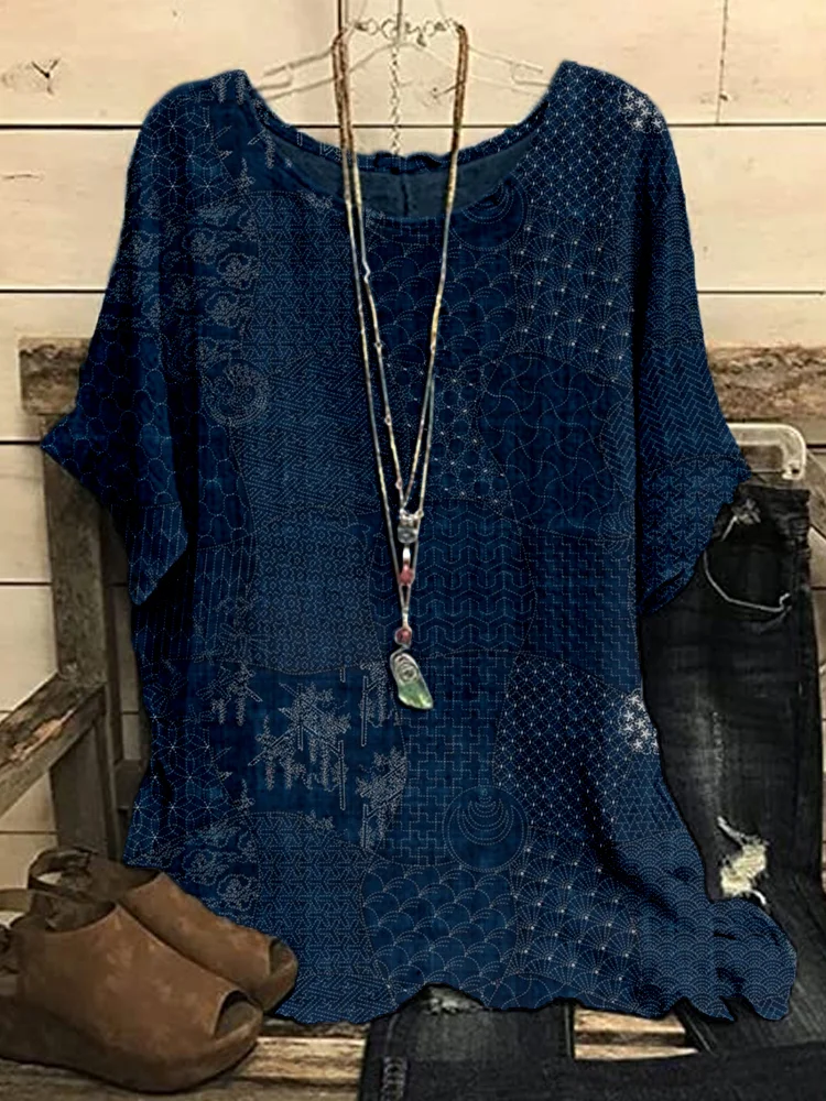 Japanese Traditional Sashiko Art Flowy Tunic