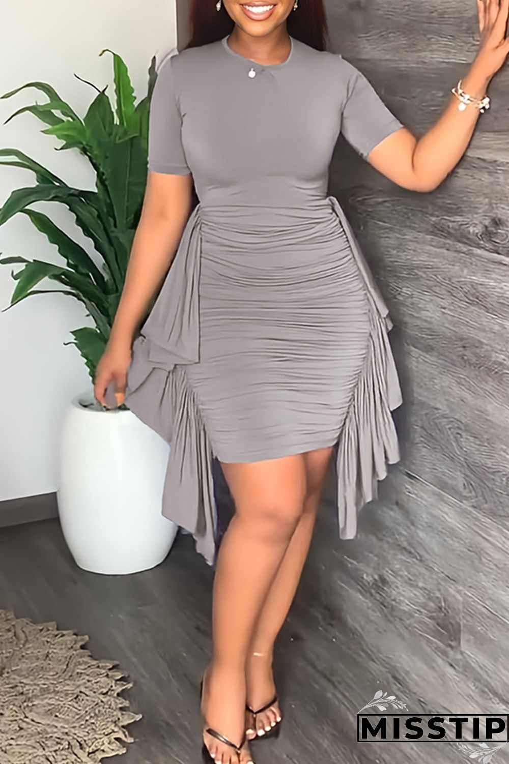 Purple Fashion Casual Solid Patchwork Fold O Neck Short Sleeve Dress