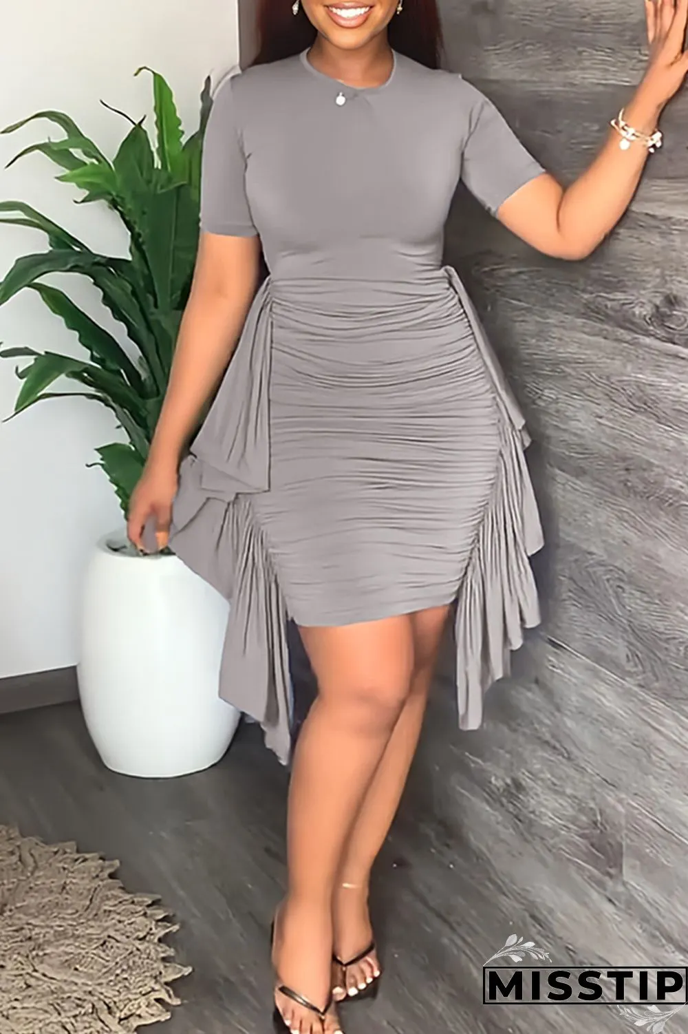 Purple Fashion Casual Solid Patchwork Fold O Neck Short Sleeve Dress