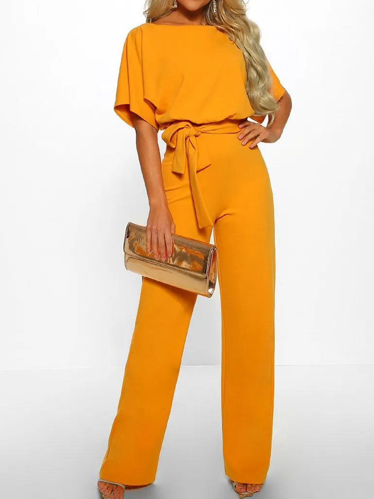 Solid Lace-up Short-sleeved Women's Jumpsuit