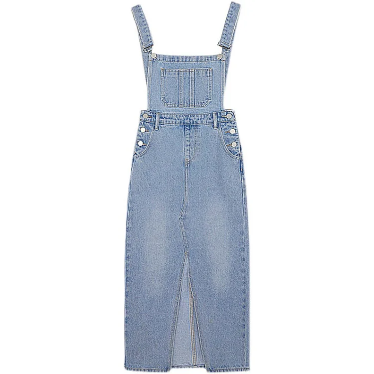 Pure Color Pocket Split Denim Overalls Dress - Modakawa modakawa